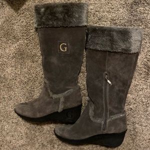G by Guess Gray Suede Wedge Faux Fur Winter Boots, 9
